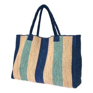 Striped Blue & Natural Woven Shoulder Tote